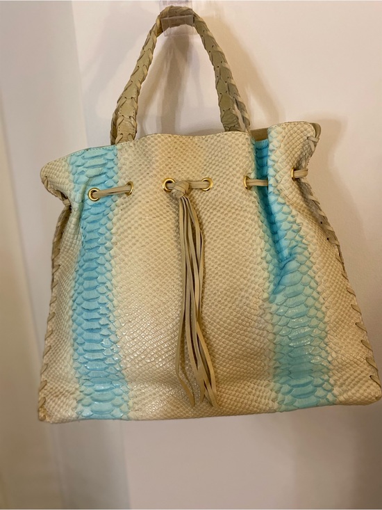 Kooba Handbags - Kooba Cream and Light Blue Braided-Handle Tote